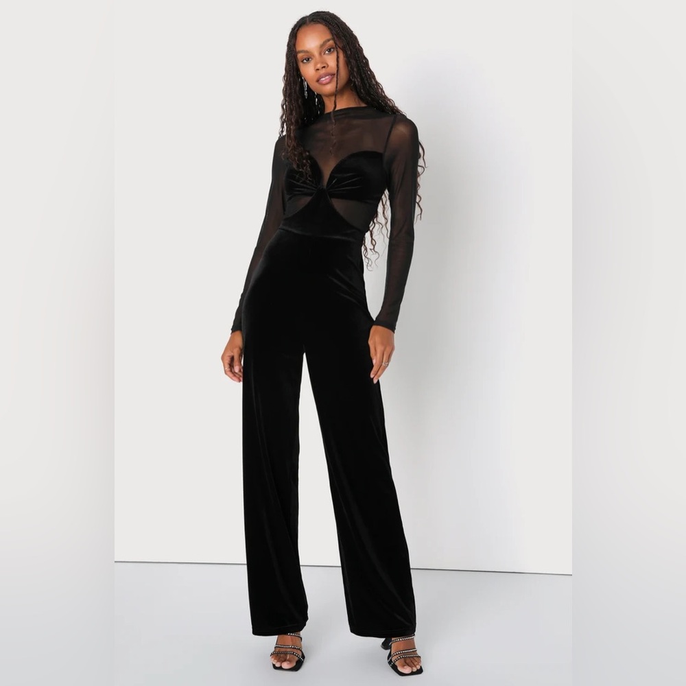 Black jumpsuit  Black Mesh Velvet Cutout Long Sleeve Jumpsuit Sz M.         NWOT
